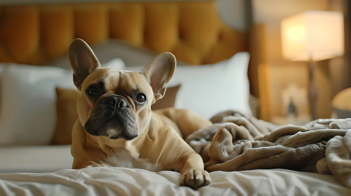 Frenchie on the bed not feeling well