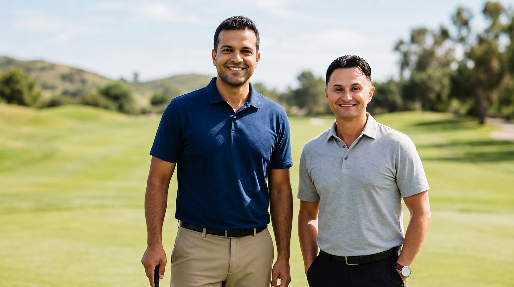 Ryan Murphy and Jared Gabaldon on a golf course, representing the partnership and shared success of Live Oak Leverage's affiliate referral program