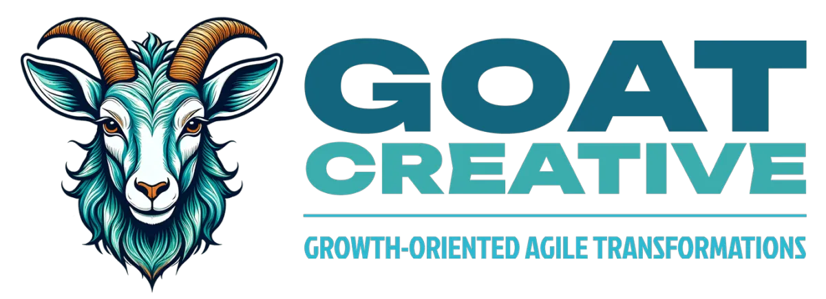 GOAT CREATIVE logo - subtext that says growth-oriented agile transformations, image of goat head modern professional business logo for design services and transformations