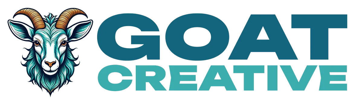 GOAT CREATIVE logo - subtext that says growth-oriented agile transformations, image of goat head modern professional business logo for design services and transformations