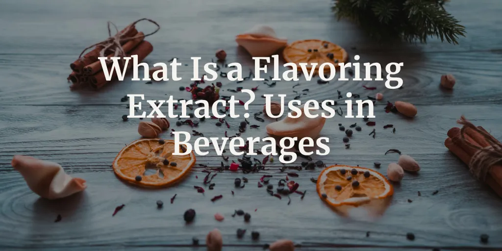 Amber bottles of flavoring extract next to vanilla beans, citrus peel, and coffee beans"