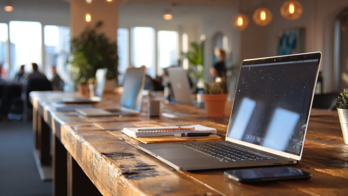 Laptop and notebook on a long wooden table in a shared workspace with team activity in the background
