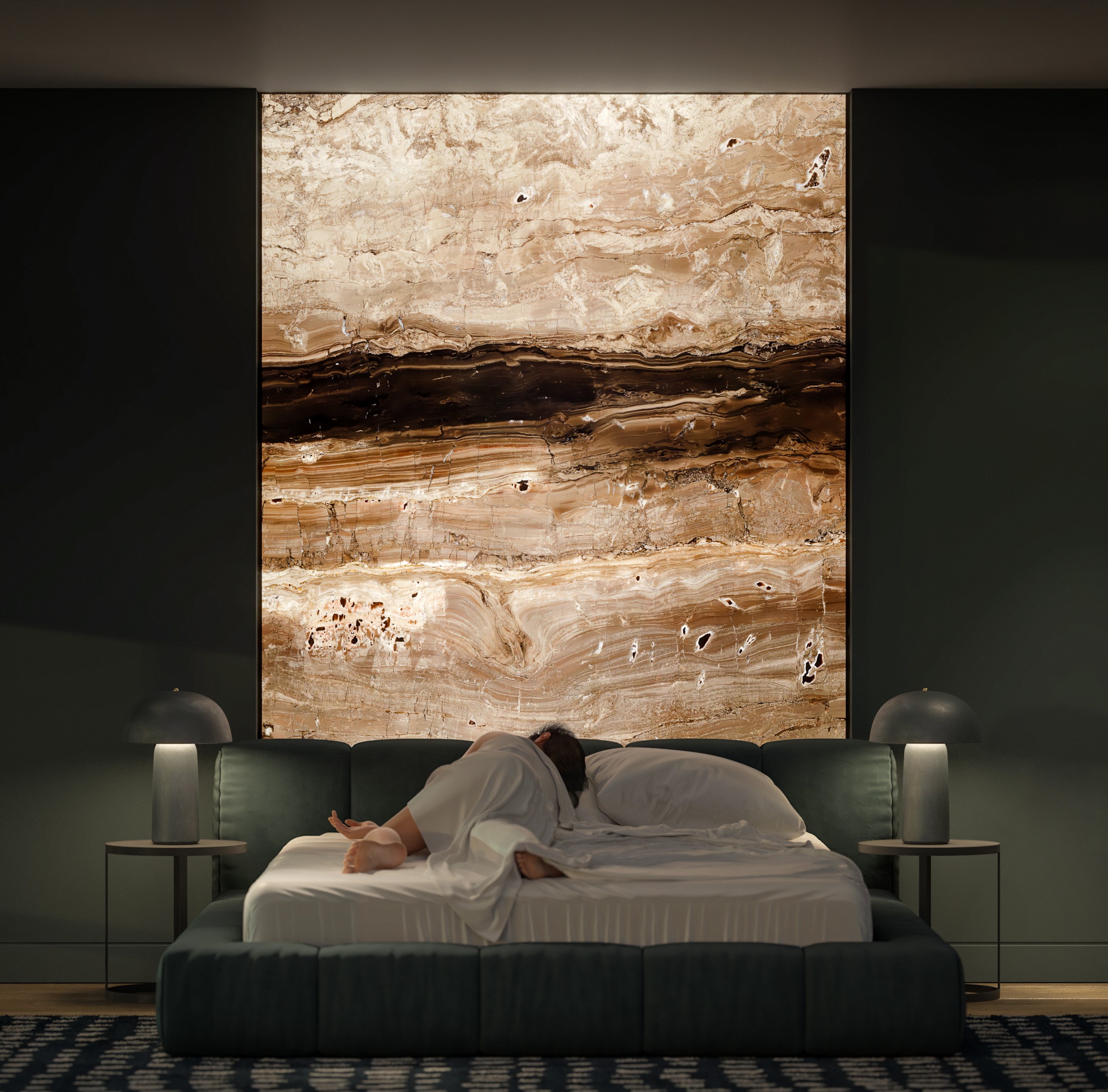 Luxury feature wall with LED backlit Glacial Lumina stone, showing crystalline blue and white patterns." alt="Backlit Glacial Lumina stone panel for an aquatic or luxury interior setting
