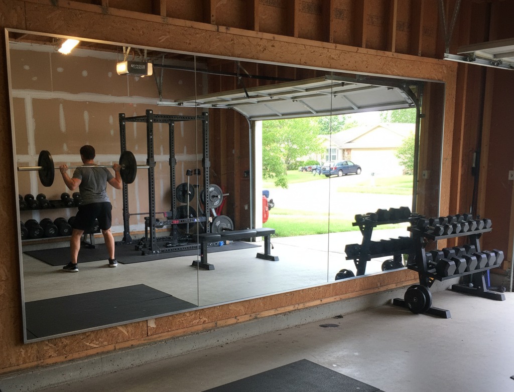 Wall-mounted gym mirror in a garage home gym. | Creoglass