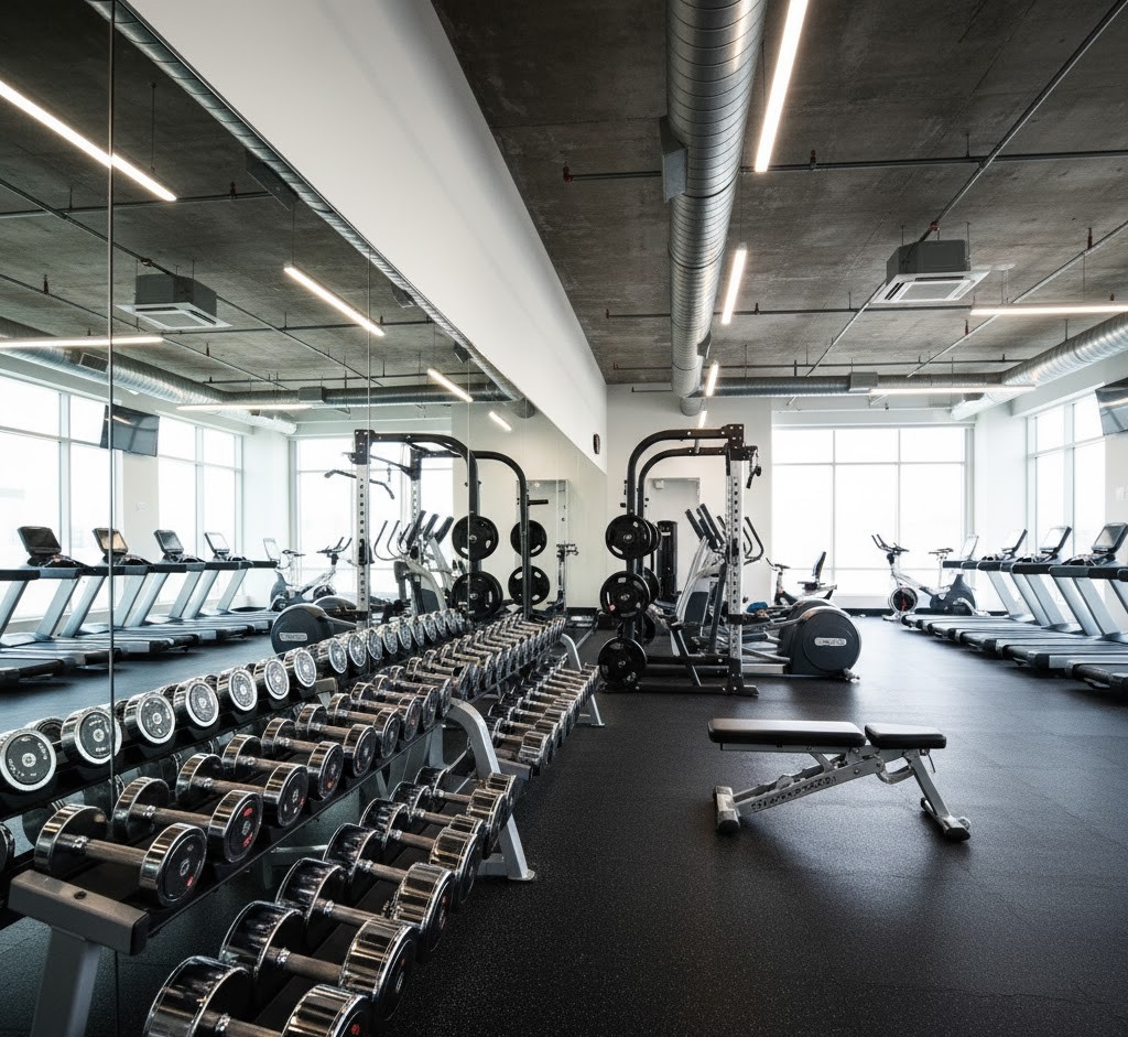 Floor-to-ceiling gym mirror installation in a modern commercial gym. | Creoglass