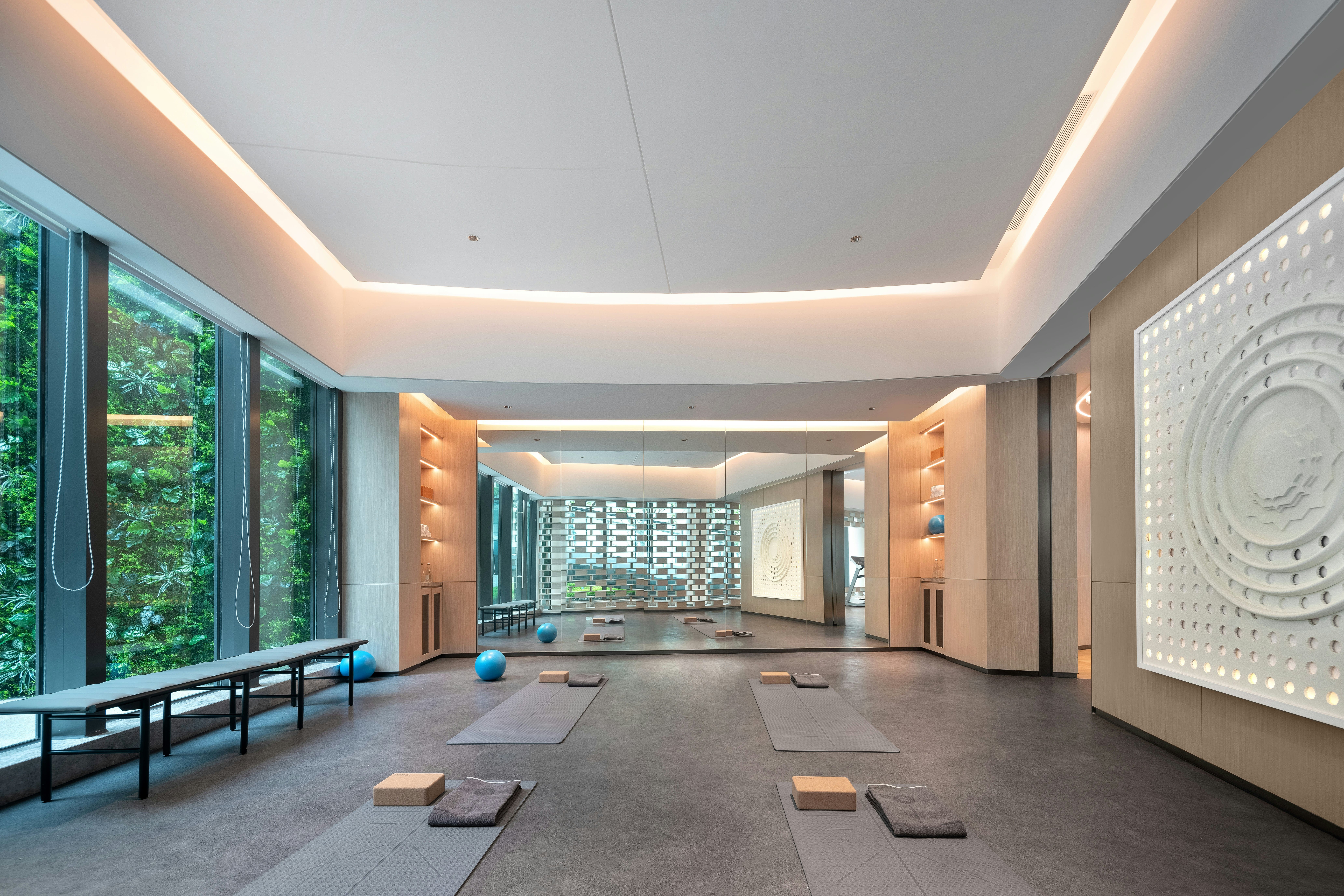 Floor-to-ceiling commercial gym mirror, group fitness studio mirror installation, hotel gym mirror design, seamless wall mirror panels. | Creoglass