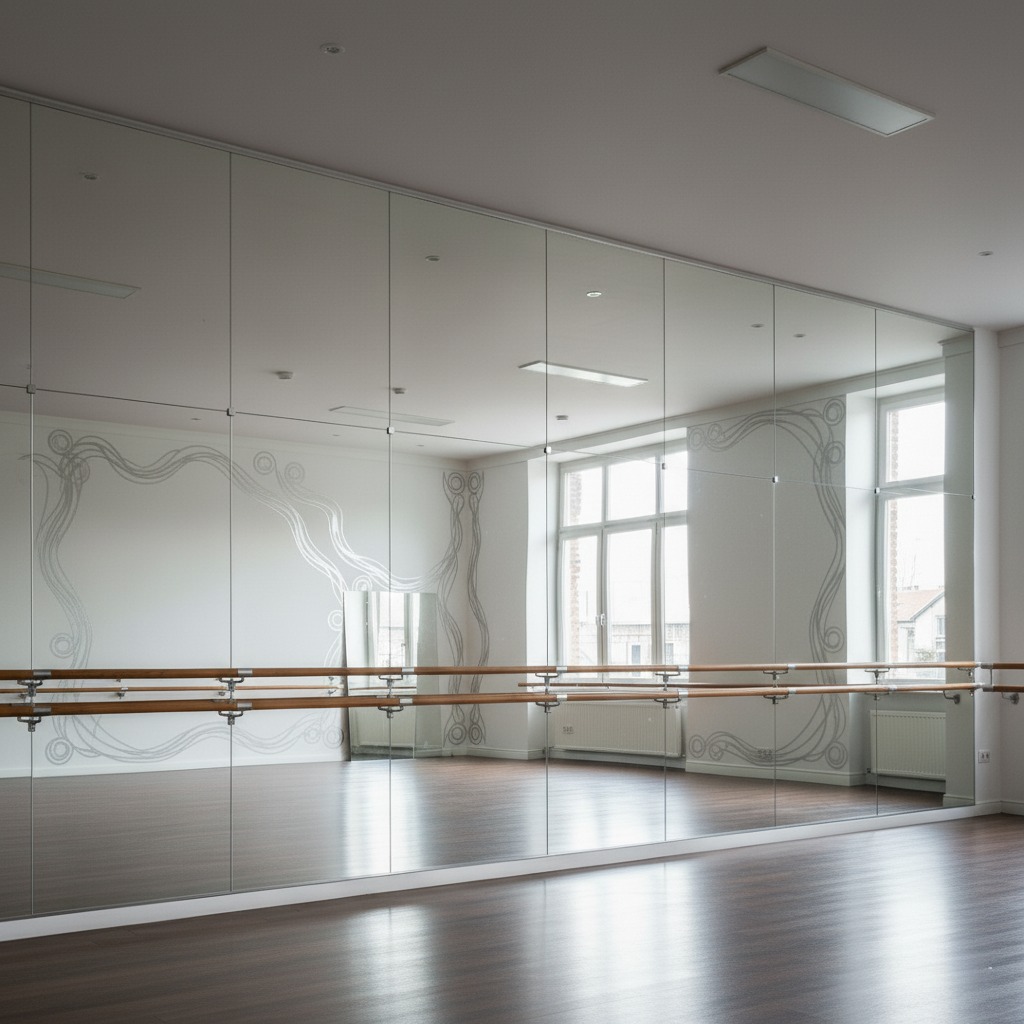 Floor-to-ceiling dance studio mirror, wall-mounted ballet barres, commercial fitness mirror for large spaces, mirrored dance wall installation. | Creoglass