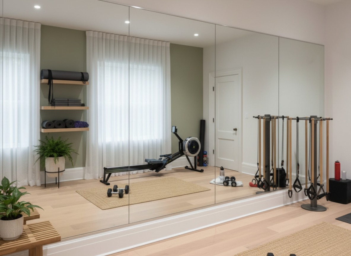 Bright, modern home gym with large floor-to-ceiling mirrors reflecting a rowing machine and functional training equipment | Creoglass