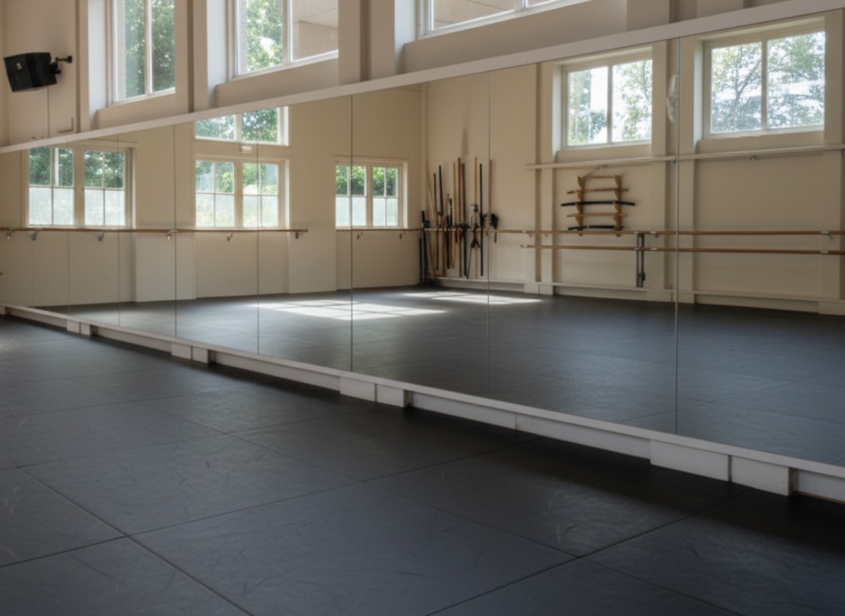 Extra-wide studio practice mirror, commercial dance mirror, martial arts dojo mirror installation, floor-to-ceiling fitness mirror, mirror with bottom safety bracket. | Creoglass