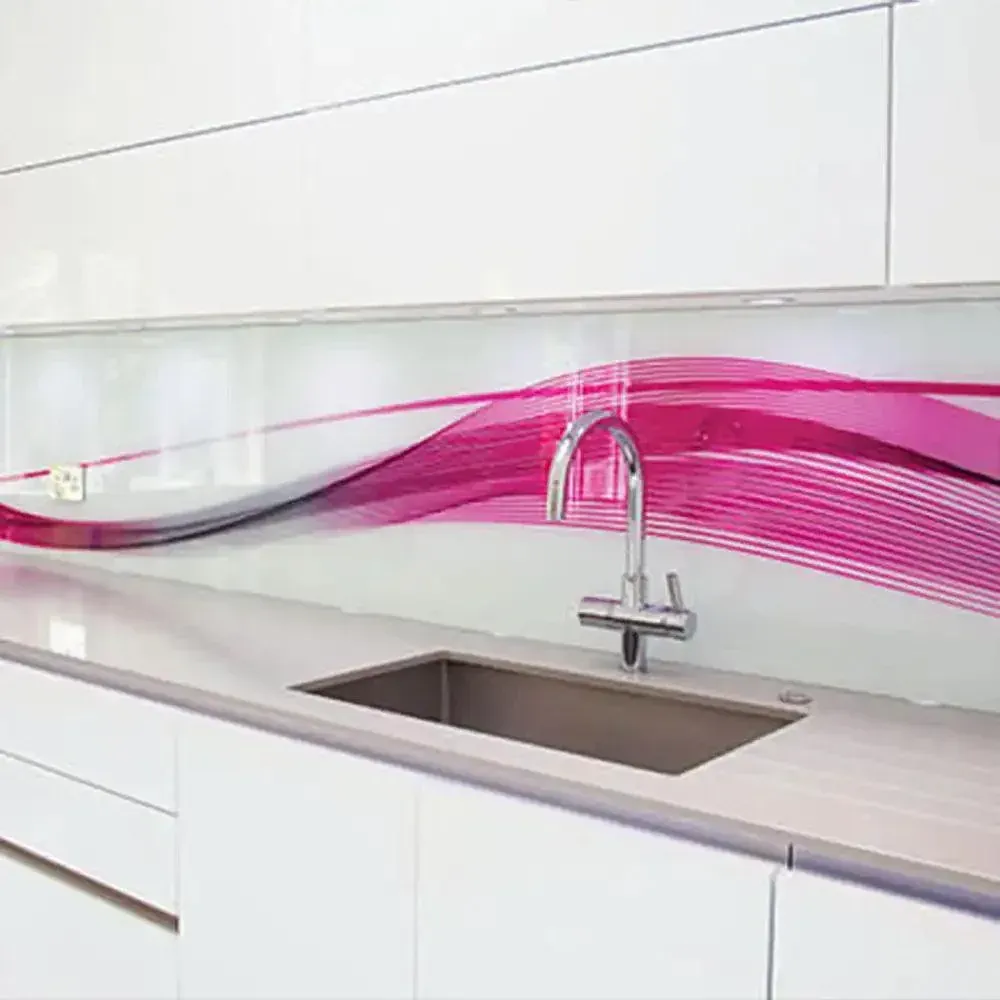 A custom 6mm wave printed glass splashback in a kitchen | Creoglass