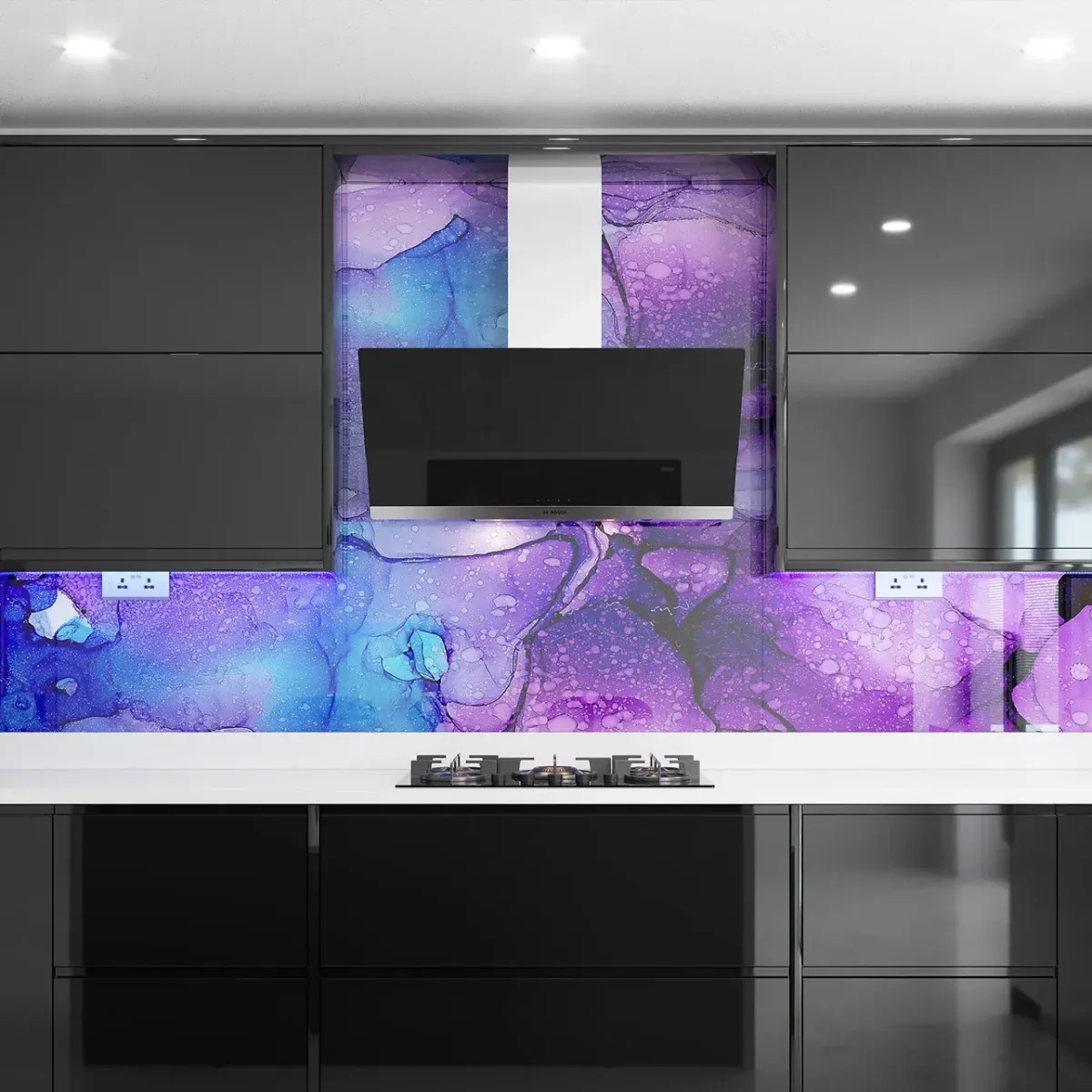 A custom 6mm abstract printed glass splashback in a kitchen | Creoglass