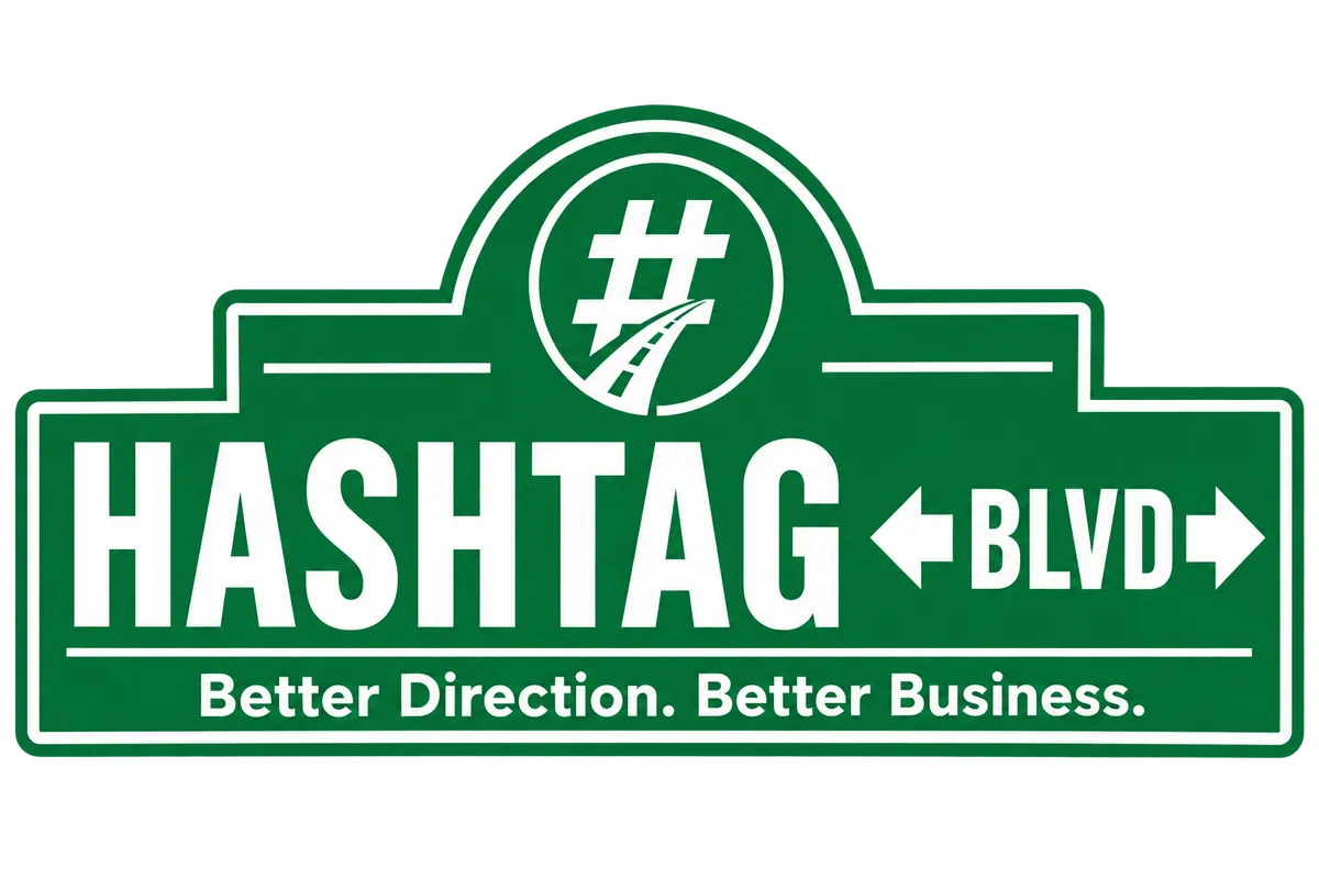 Logo featuring a stylized green hashtag symbol and white text 'Hashtag Blvd' with a small tagline beneath.
