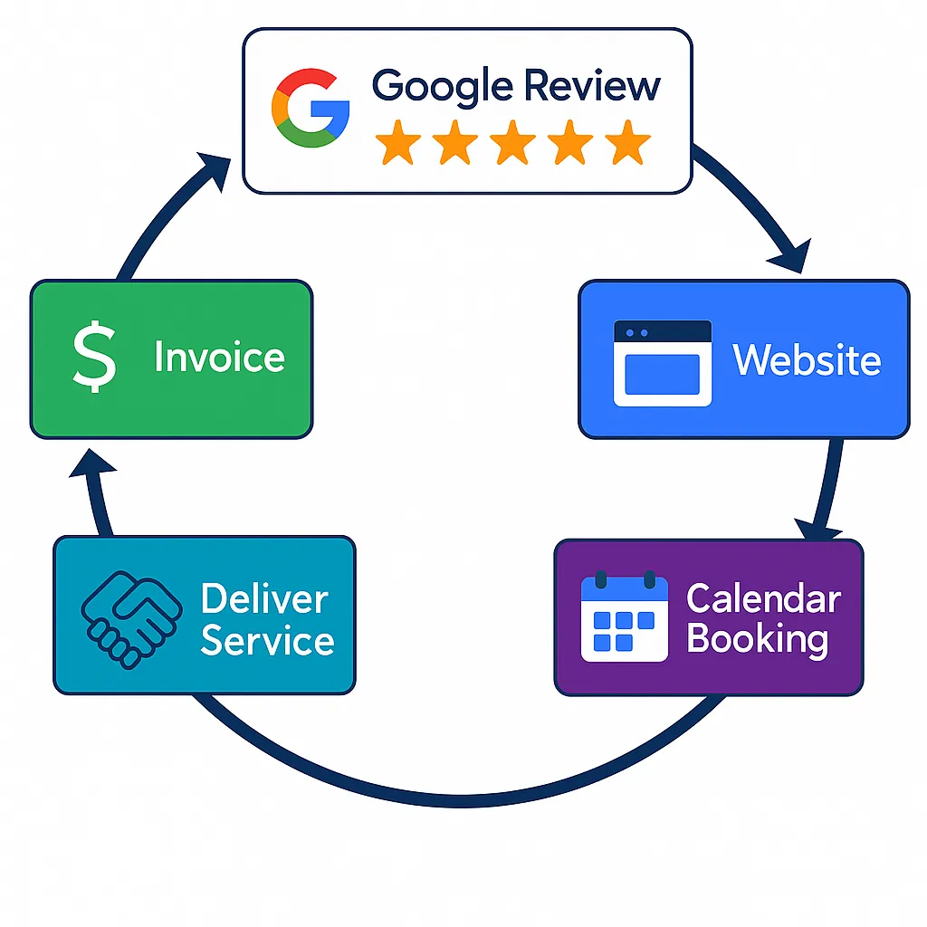 CRM workflow cycle showing Google reviews, website lead capture, online booking, service delivery, and invoicing for home service businesses.