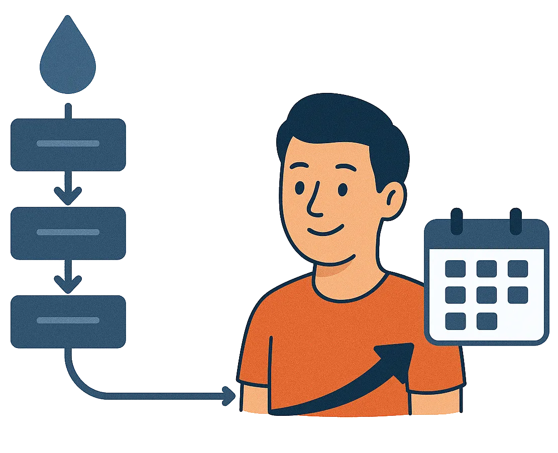 Illustration of a drip campaign flowchart guiding a smiling man toward a booking calendar, representing automated marketing sequences that nurture leads and drive appointment scheduling.