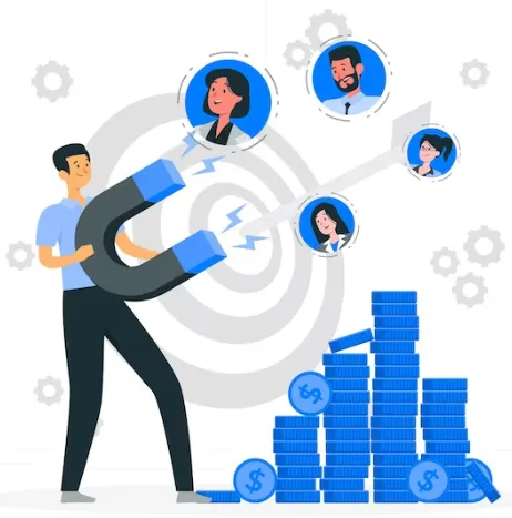 Illustration of a drip campaign flowchart guiding a smiling man toward a booking calendar, representing automated marketing sequences that nurture leads and drive appointment scheduling.