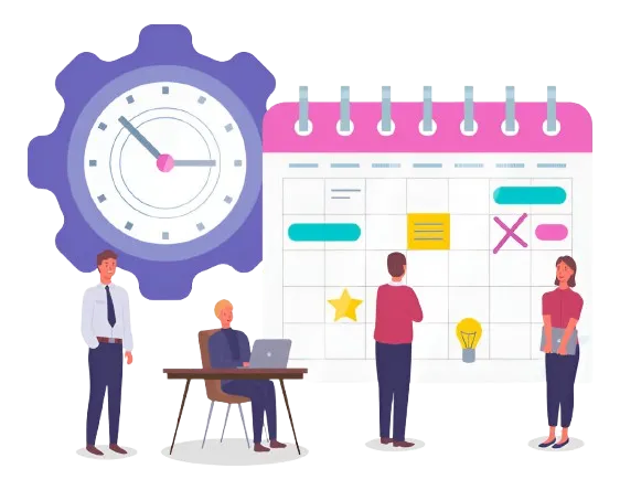 Illustration of a drip campaign flowchart guiding a smiling man toward a booking calendar, representing automated marketing sequences that nurture leads and drive appointment scheduling.