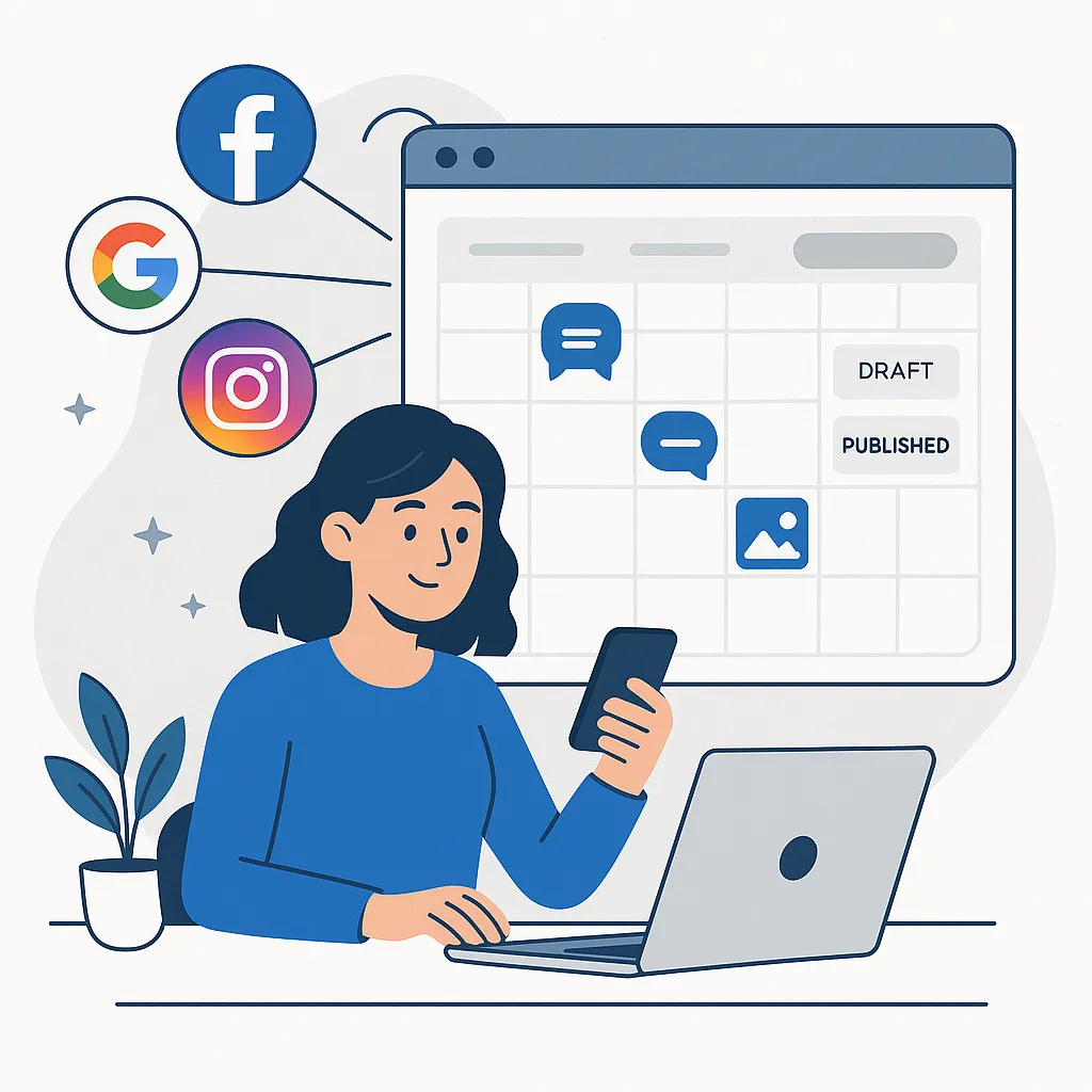 Illustration of a relaxed woman sleeping while automated email and SMS messages connect between devices, symbolizing effortless follow-up campaigns running in the background.