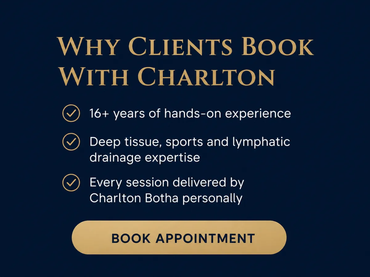 Why clients book deep tissue massage with Charlie Botha. he has 16 years experience, specialist in deep tissue massage in pretoria and every session is delivered by charlton botha directly 