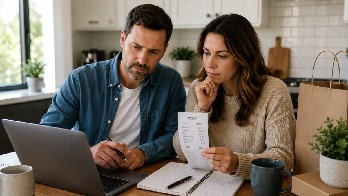 Couple reviewing household spending and a receipt at their kitchen table