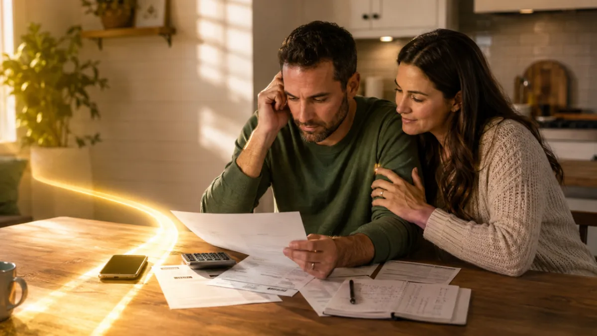 Couple reviewing bills and household finances together at a kitchen table