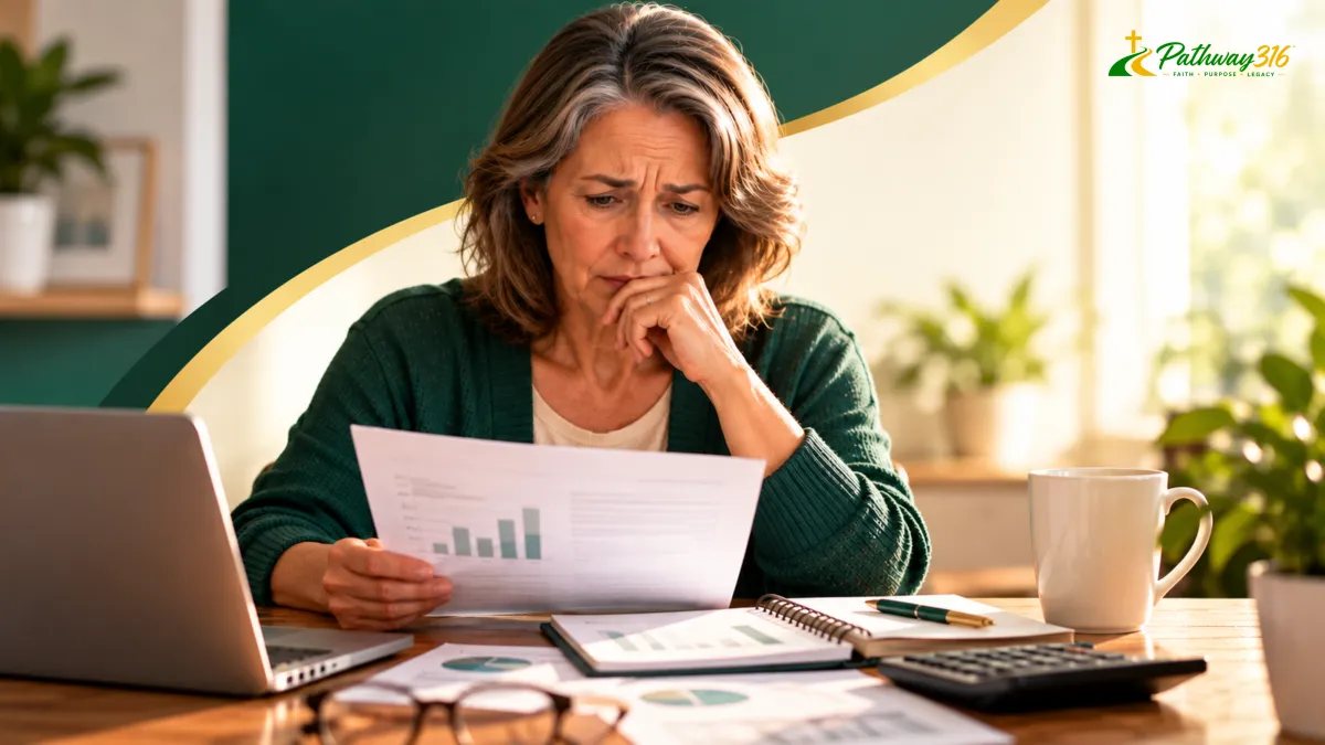 Woman reviewing retirement finances and household expenses at a kitchen table.