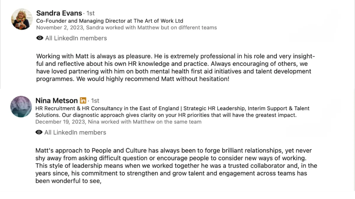 Linkedin Recommendations screenshots