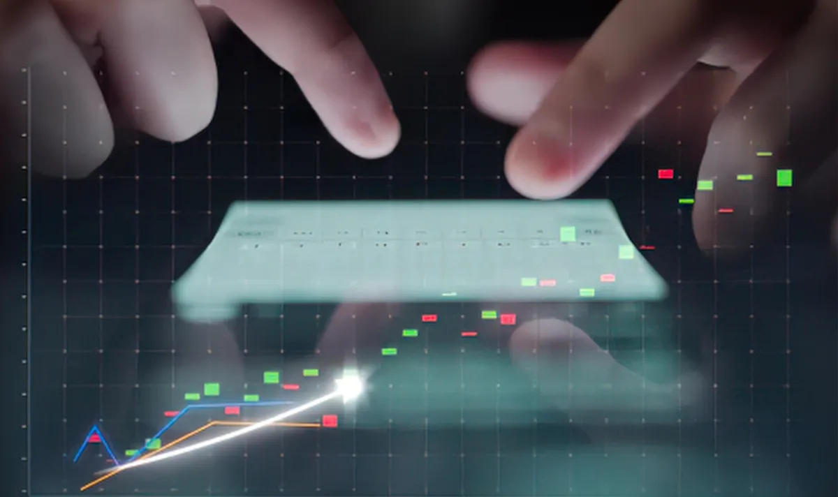 Pessoa interagindo com tela sensível ao toque mostrando gráficos e indicadores financeiros virtuais