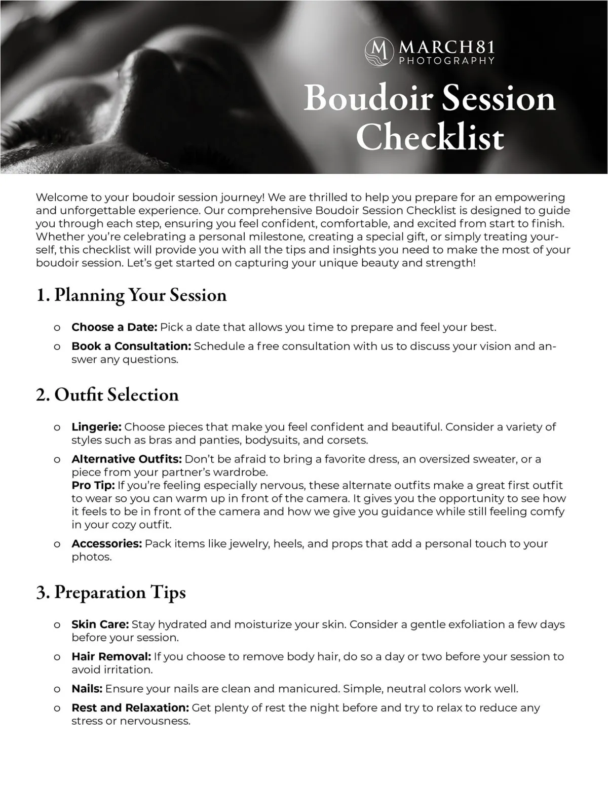 Boudoir Session Checklist Thumbnail image for Grand Rapids Boudoir Session.