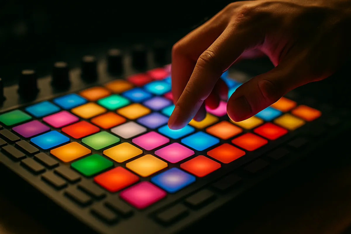 Colorful sampler pad interface in use – showcasing hands-on beat creation and performance