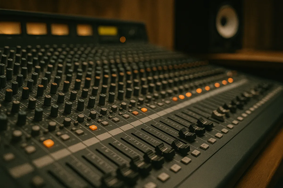 Close-up of mixing console faders – representing precision control in sound engineering