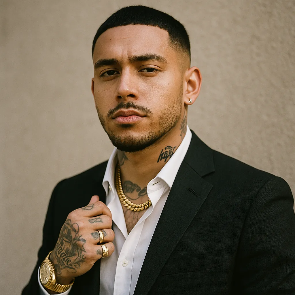 Stylish man in a gold chain and suit jacket, posing confidently with tattooed hand near face. Represents Luxor Vega, the romantic club balladeer persona of Superskillz Muzik