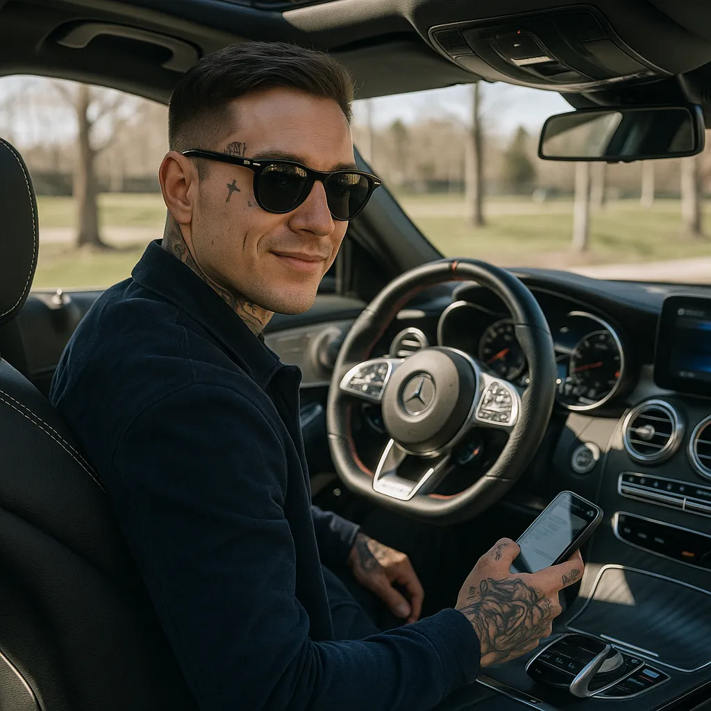 Man sitting confidently in a luxury car with sunglasses and tattoos, holding a phone, portraying the Pure Fallacy persona from Superskillz Muzik