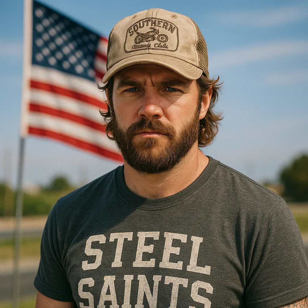 Bearded young man in a worn cap and "Steel Saints" t-shirt standing in front of an American flag. Symbolizes the blue-collar, heartland rock persona Steel Saints from Superskillz Muzik