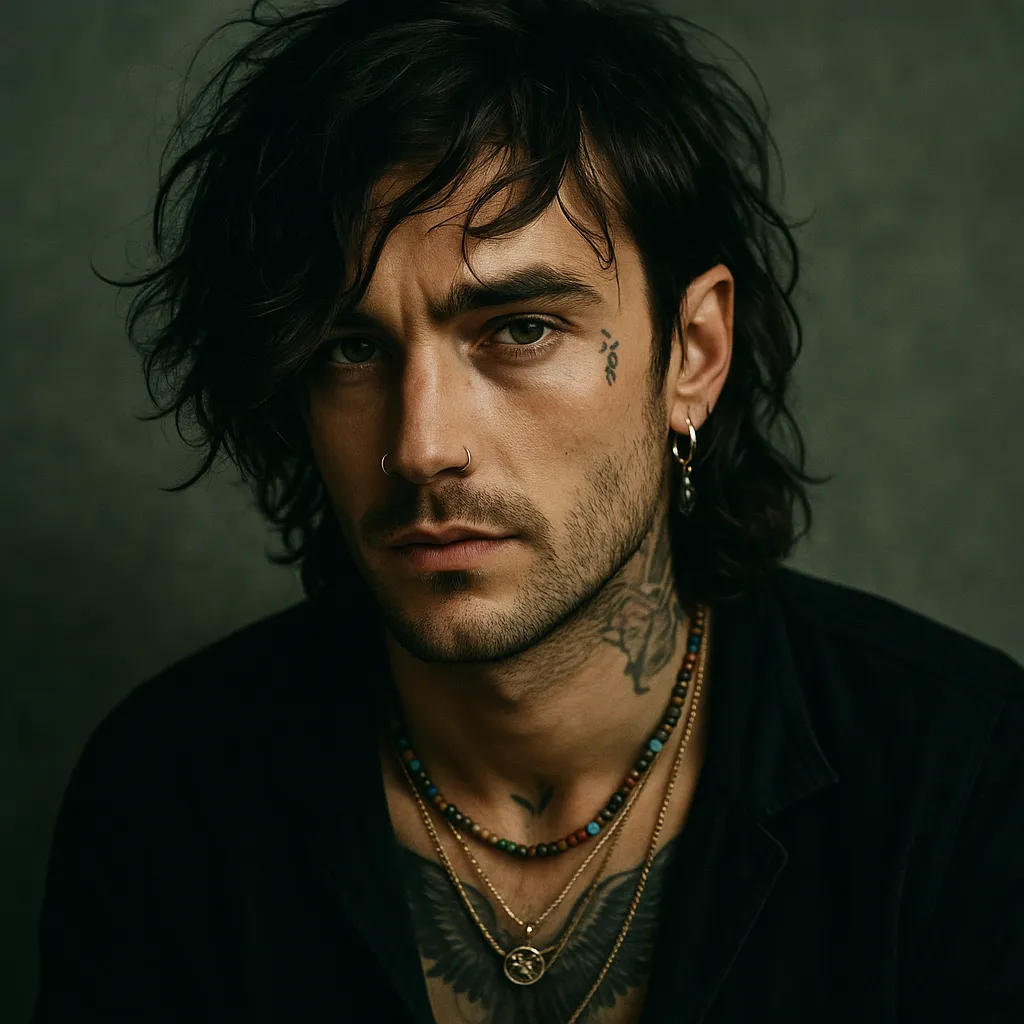 Brooding man with black tousled hair, facial piercings, and layered necklaces, wearing a dark shirt against a moody gray background. Embodies the gothic alt-rock persona Rook Wilder from Superskillz Muzik