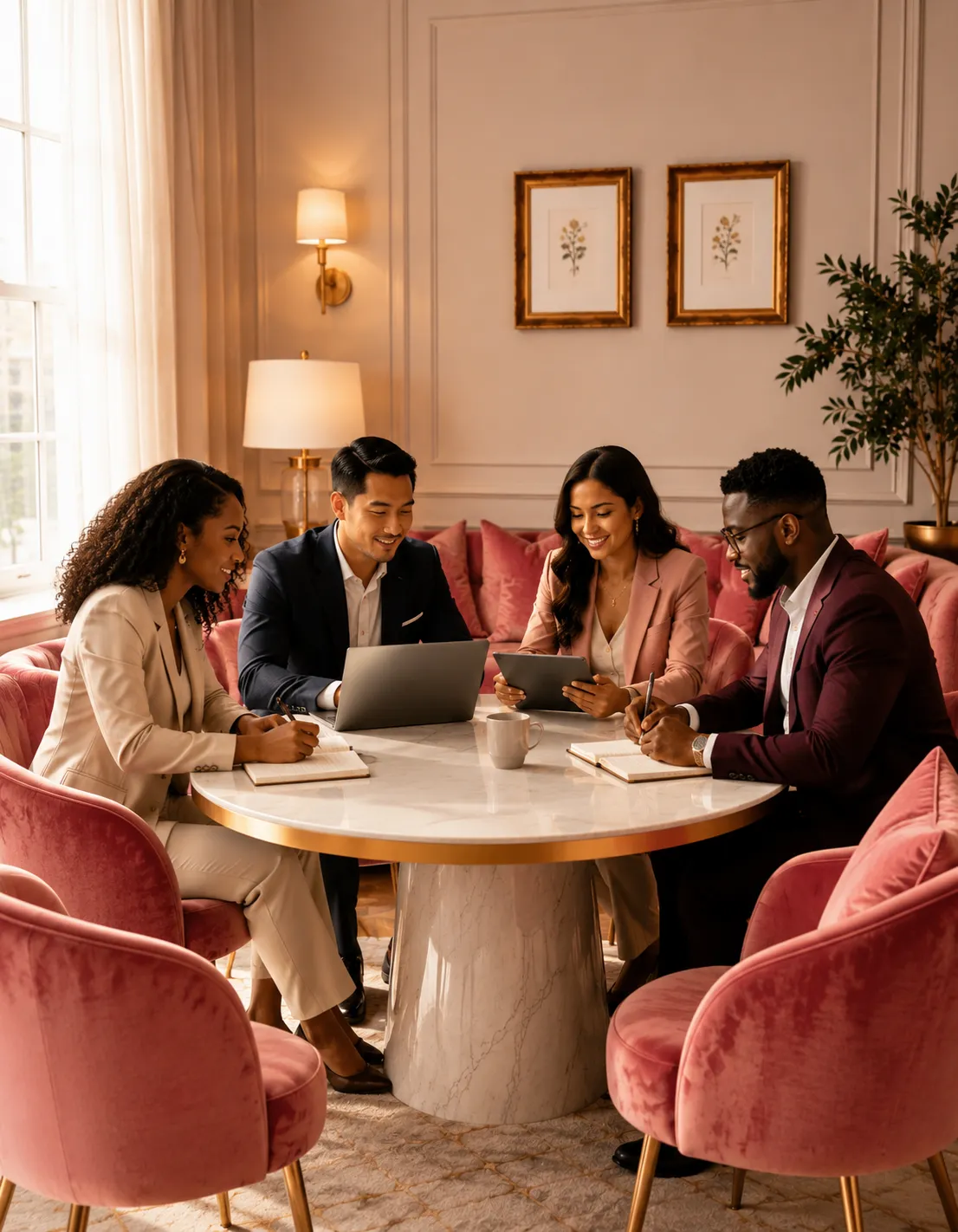 A modern, premium healthcare business consultation showing diverse professionals in a luxurious setting