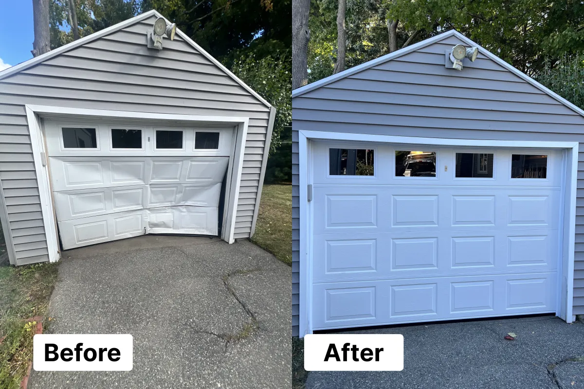 Damaged garage door replaced with new.
