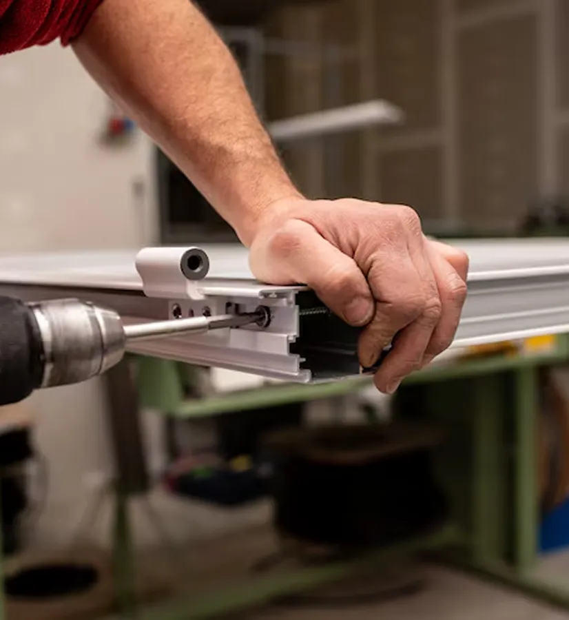 Garage door repair technician using a power drill to repair the garage door track.