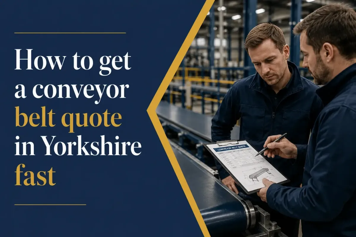 Two engineers reviewing a conveyor belt quote on a clipboard beside the belt — how to get a conveyor belt quote in Yorkshire fast