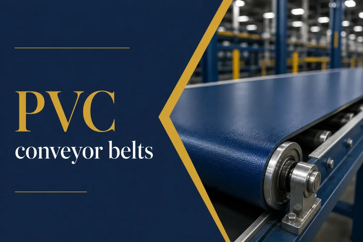 PVC conveyor belt system in a modern warehouse used for manufacturing and material handling.
