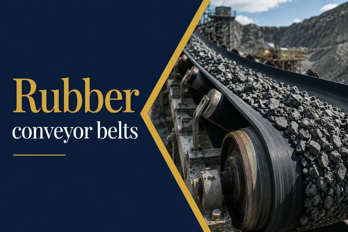 Close-up of a rubber conveyor belt carrying crushed rock over a drive pulley at an outdoor quarry site