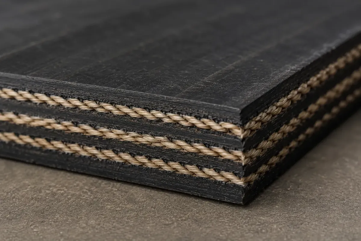 Close-up of a multi-ply black rubber conveyor belt showing fabric reinforcement layers and cut edge construction.