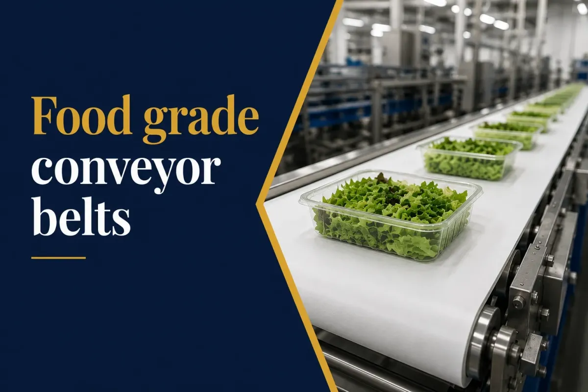 White food-grade conveyor belt transporting packaged salad products through a hygienic food production facility.