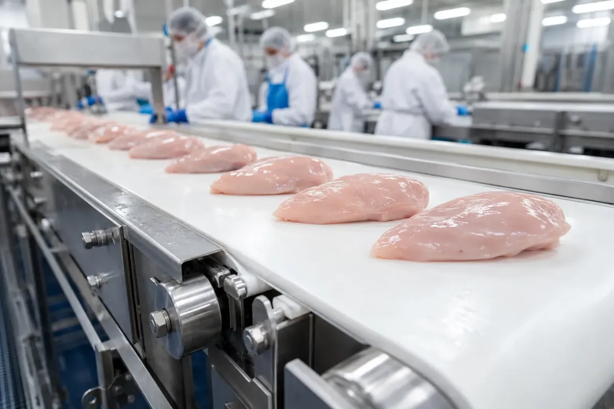 White food-grade polyurethane conveyor belt transporting fresh chicken breast fillets in a hygienic food processing facility.