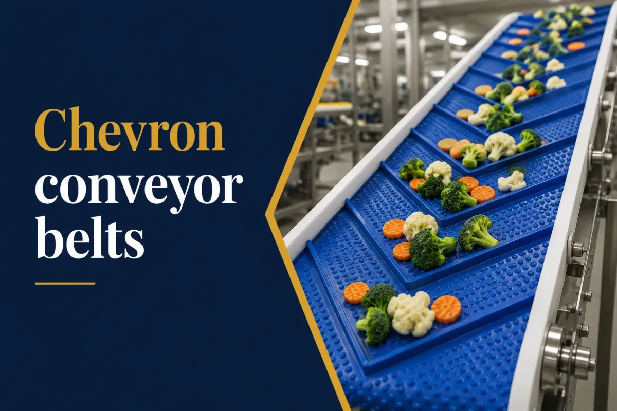 Blue chevron-pattern conveyor belt transporting broccoli, cauliflower, and sliced carrots through a food processing facility.