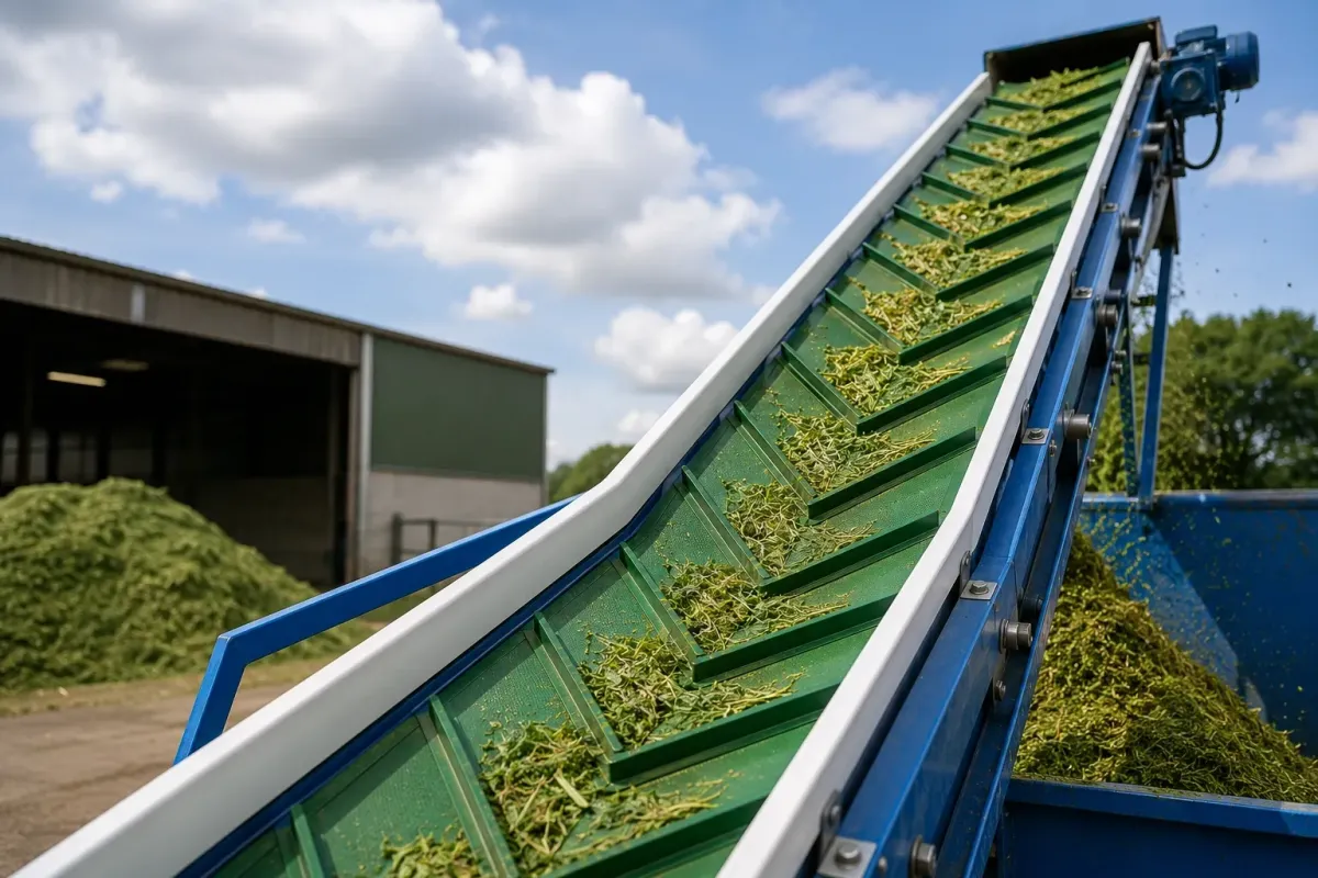 Green chevron-pattern conveyor belt carrying chopped silage up an incline into a trailer on a farm.