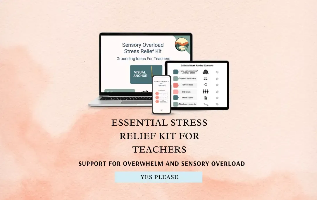 mockup of essential stress relief kit for teachers, salmon color, laptop, mobile, tablet, teacher stress relief kit, stress relief kit diy