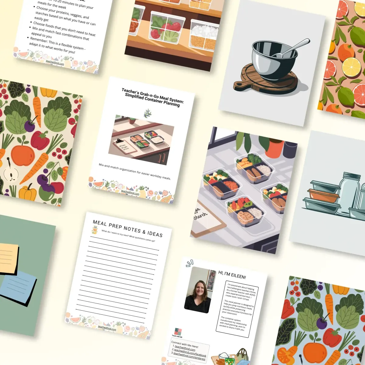 teacher meal planning mockup, images of veggies and citrus fruits, food in containers