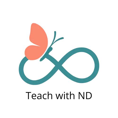 blue green infinity sign with coral butterfly over text which says teach with nd