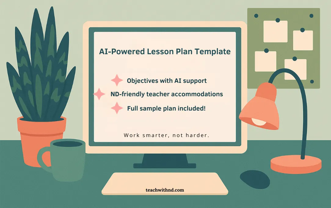 laptop on desk, text on screen reads ai-powered lesson plan template, objectives with ai support, nd-friendly teacher accommodations, full sample plan included, work smarter not harder