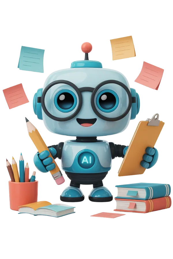 Cute cartoon robot with glasses holding a clipboard and pencil, surrounded by books, sticky notes, and school supplies, representing an AI teaching assistant as representing Quick Lesson Planner GPT
